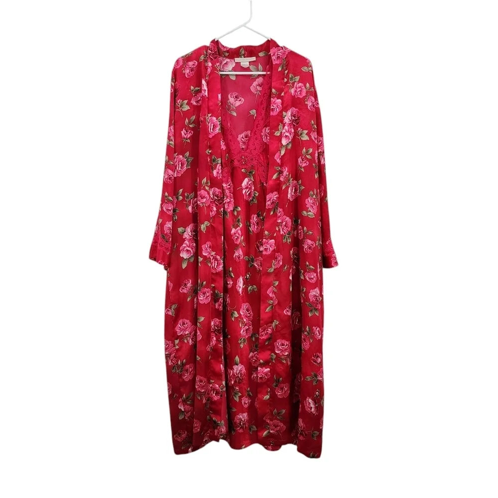 California Dynasty Vintage Women's Floral Robe and Nightgown Set Red Sz L
